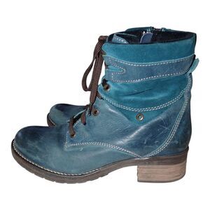 Dromedaris Kara Leather Suede Boot Teal Blue Lace Up Ankle 39 EU 8.5 9 US Heel